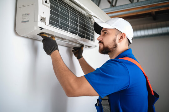 HVAC technician installing a mini split air conditioner in Orem