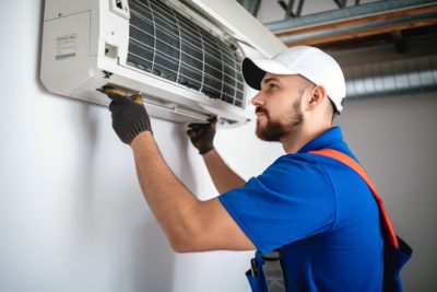 360_F_621046421_Vcay4nYa8ozdeodOQVDfES6MRrC6N3b8 Air conditioning technician servicing a wall-mounted AC unit in Orem, UT