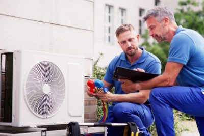 ac-installation-in-claremont-ca HVAC technicians reviewing an outdoor air conditioning unit in Orem, UT
